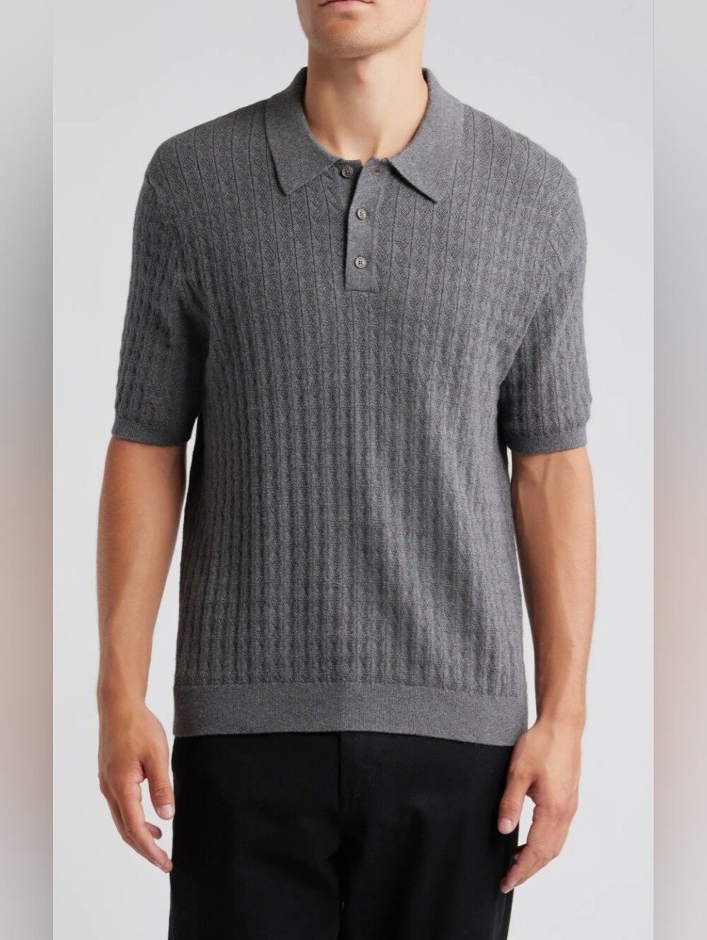 WAX LONDON Gray Naples Diamond Ribbed Cotton & Cashmere Polo Sweater XXL